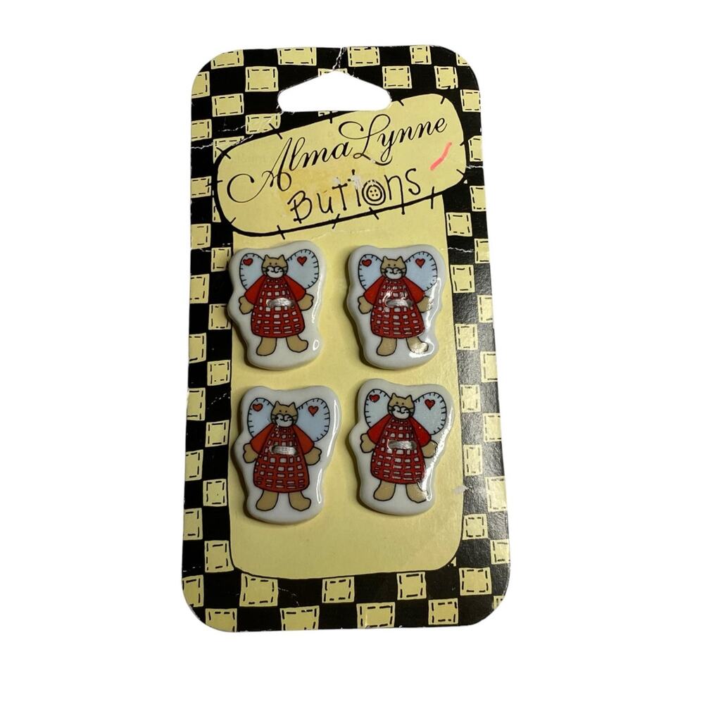 Vintage Alma Lynne Angel Cat Ceramic Buttons Folk Art Flat 2-Hole 4 Buttons 1997